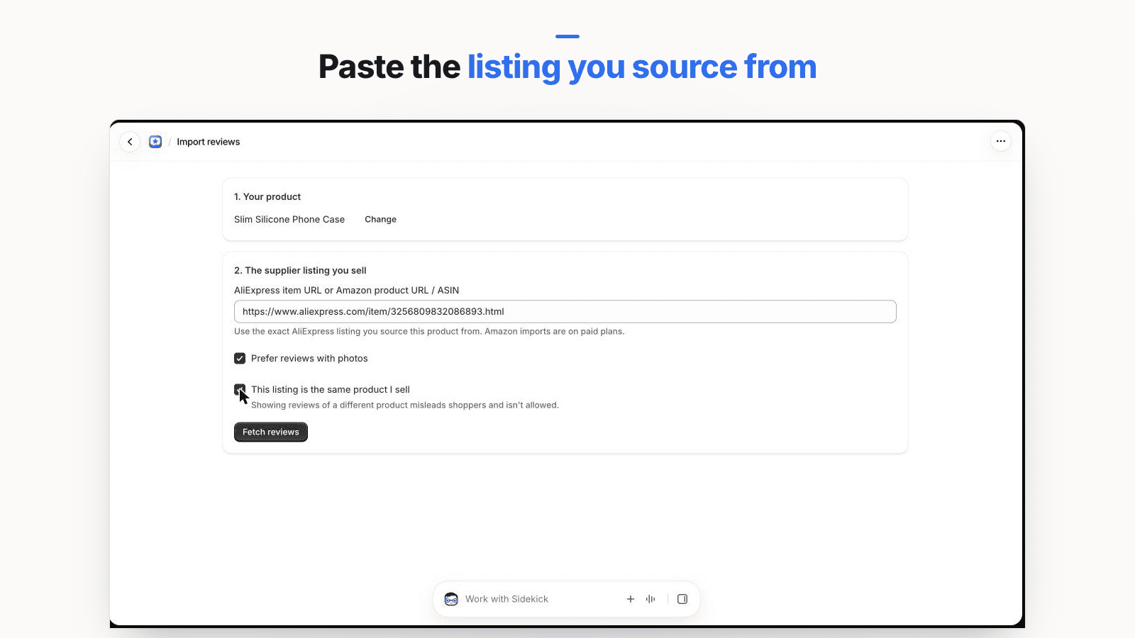 Gather Reviews import screen with the AliExpress listing URL field and a required checkbox reading 'This listing is the same product I sell'