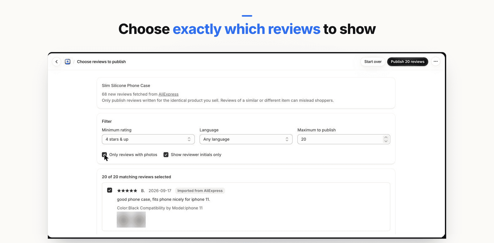 Gather Reviews filter panel with minimum rating, language, maximum to publish and photos-only options above a preview list where each review is tagged 'Imported from AliExpress'