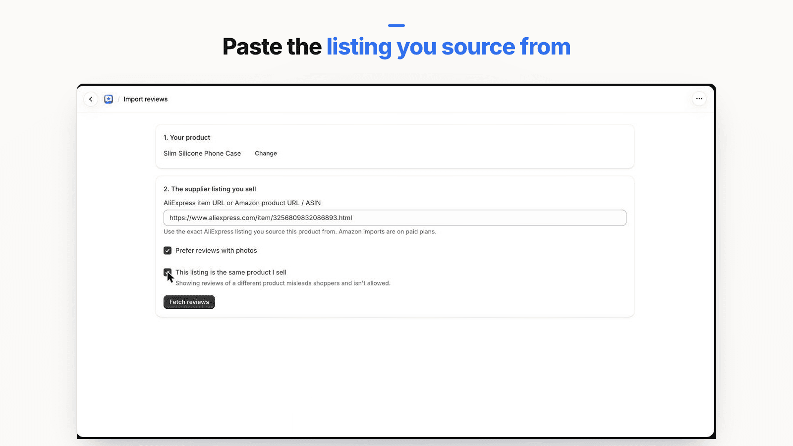 Gather Reviews import screen with an AliExpress listing URL pasted and a checkbox reading 'This listing is the same product I sell'