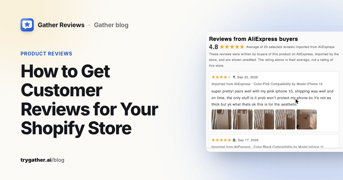 Title card reading How to Get Customer Reviews for Your Shopify Store beside a product page showing photo reviews