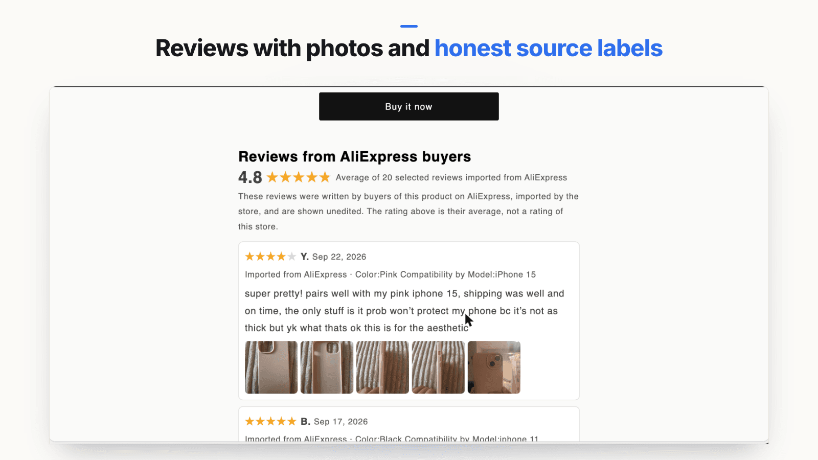 Product page review section headed Reviews from AliExpress buyers, with a note that the reviews were written on AliExpress and shown unedited, and each review labeled Imported from AliExpress