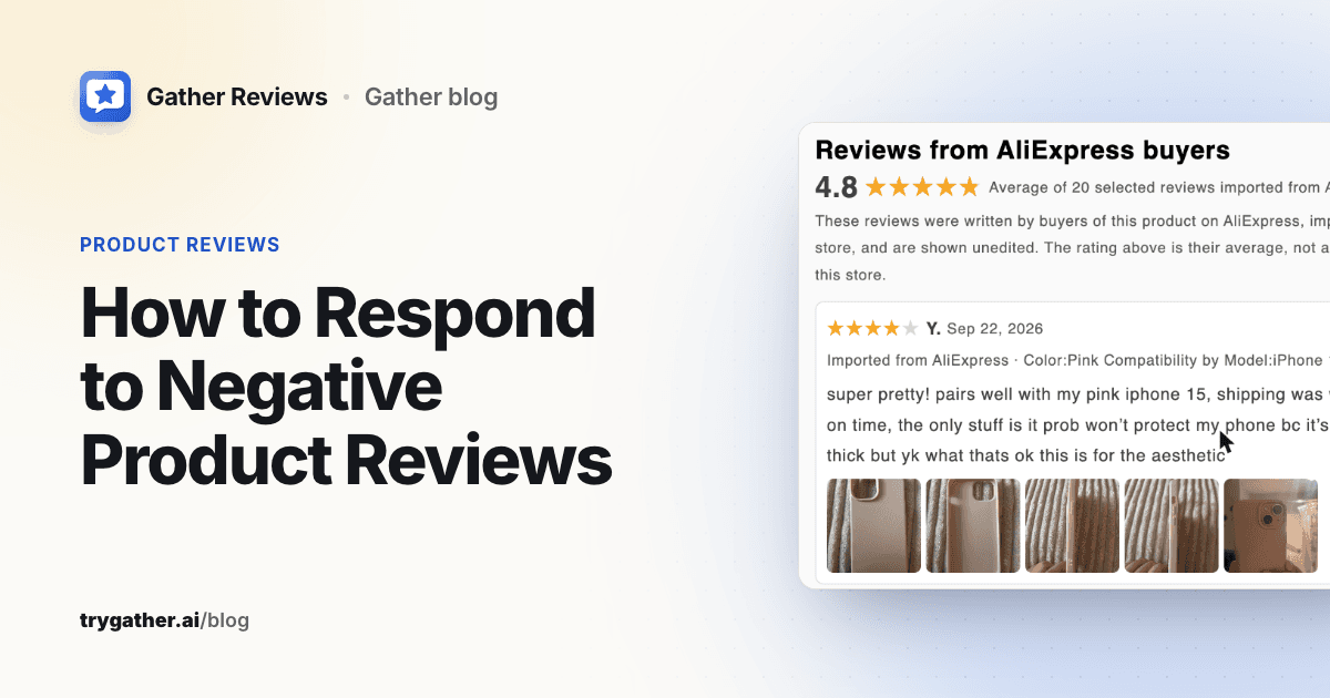 Title card reading How to Respond to Negative Product Reviews beside a product page review section headed 'Reviews from AliExpress buyers' with an imported 4-star review about a thin phone case