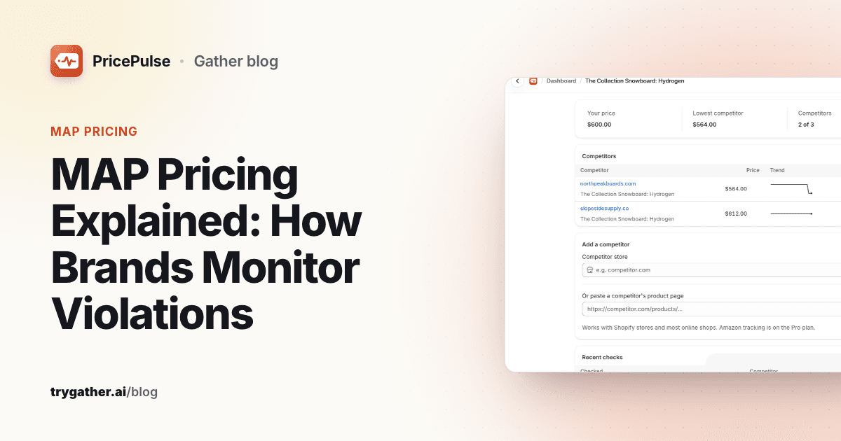 Cover reading MAP Pricing Explained: How Brands Monitor Violations, next to a PricePulse product page listing two reseller stores with their prices, trend lines and stock status