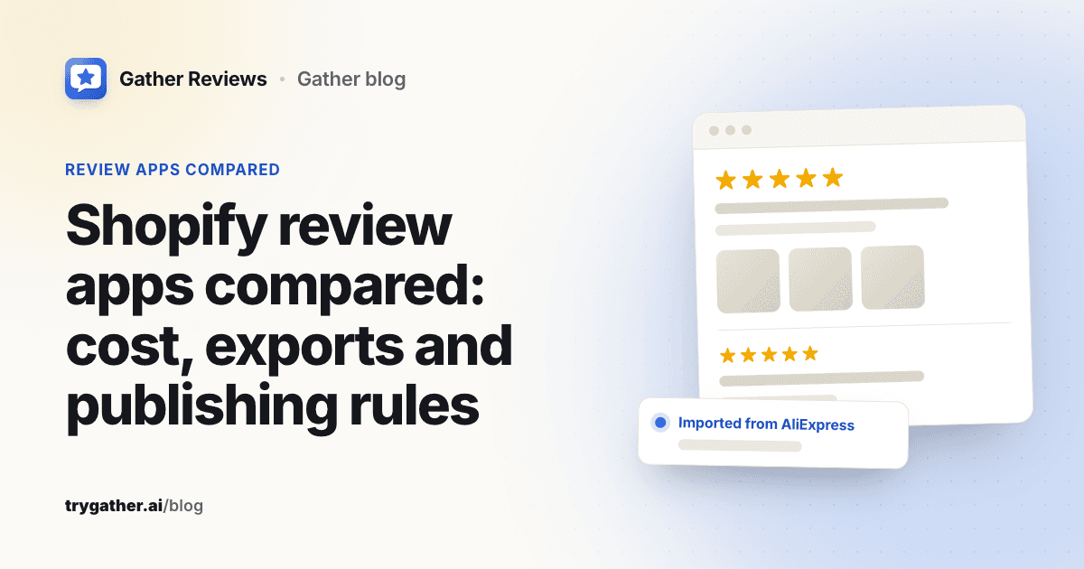 Title card reading 'Shopify review apps compared: cost, exports and publishing rules' beside an illustrated product review widget