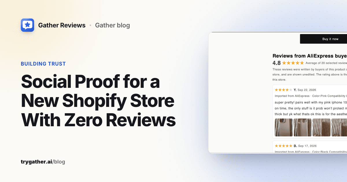 Blog cover reading Social Proof for a New Shopify Store With Zero Reviews, next to a product page showing reviews labelled as imported from AliExpress